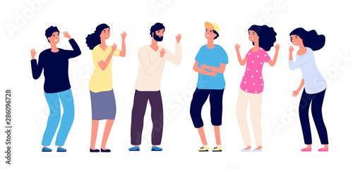 Laughing people. Happy joyful friends make fun of joke together. Smiling young guys. Positive emotion and friendship vector concept. Illustration joy friendship, people pose smile