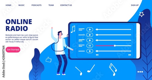 Mobile entertainment landing page. Online radio vector illustration. Web page with audio playlist, songs and dancing man. Music application concept. Illustration entertainment radio web page