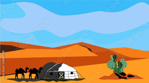 Traditional Mongolian Ger and camel with cactus on desert background, design for travel website, postcard.