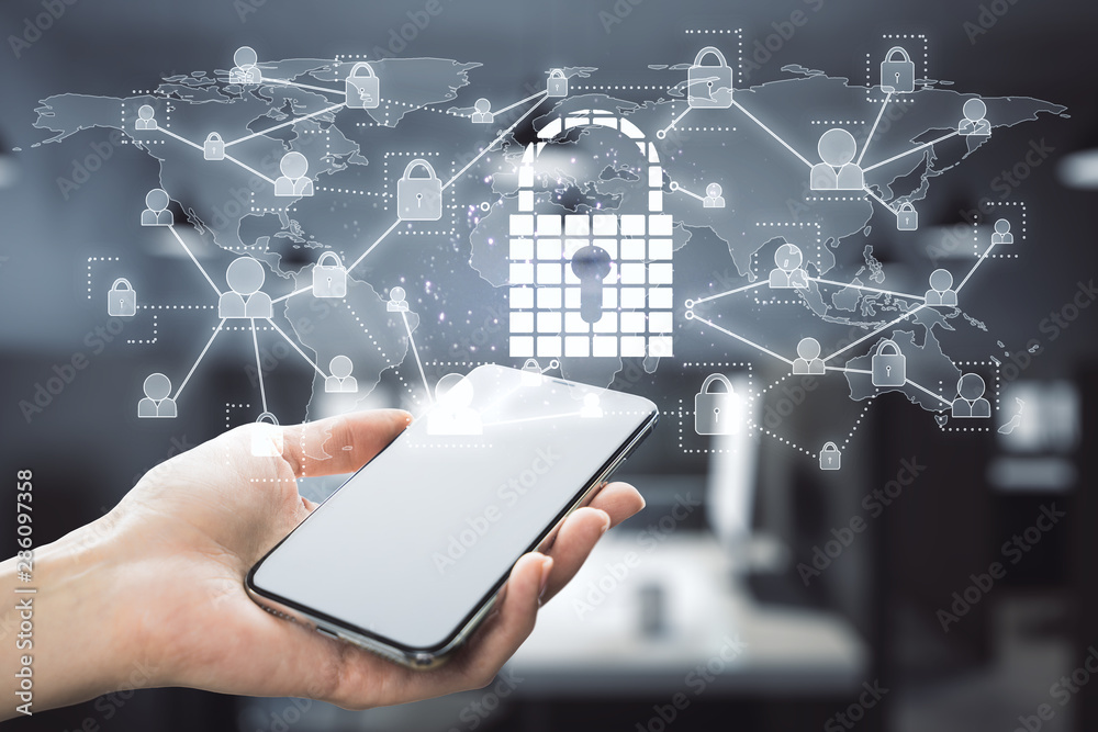 Hand using phone with padlock Hand using phone with padlock