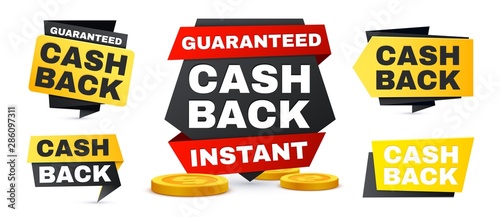 Money cash back vector labels and stickers set. Vector sale banners, saving and money refund icons. Illustration cash back for shop buy guarantee