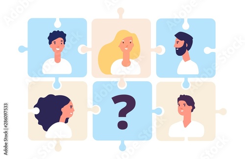 Businessteam puzzle concept. Online recruitment and job search, human resource, free vacancy vector illustration. Team puzzle, business teamwork and partnership