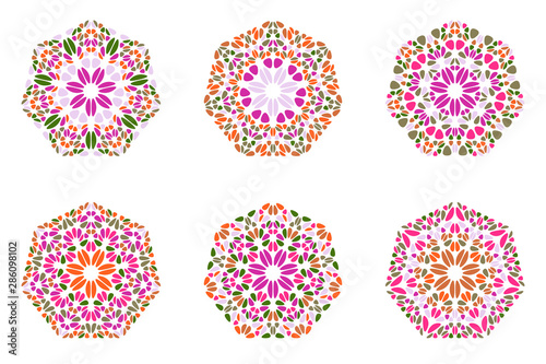 Colorful ornate geometrical petal heptagon polygon set - abstract ornamental geometric vector graphic elements from curved shapes