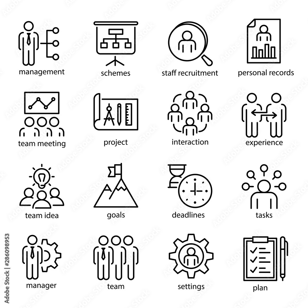 Management vector linear or outline isolated icons set - obrazy, fototapety, plakaty 