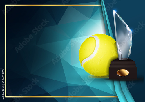 Tennis Certificate Diploma With Glass Trophy Vector. Sport Graduation. Elegant Document. Luxury Paper. A4 Horizontal. Championship Illustration