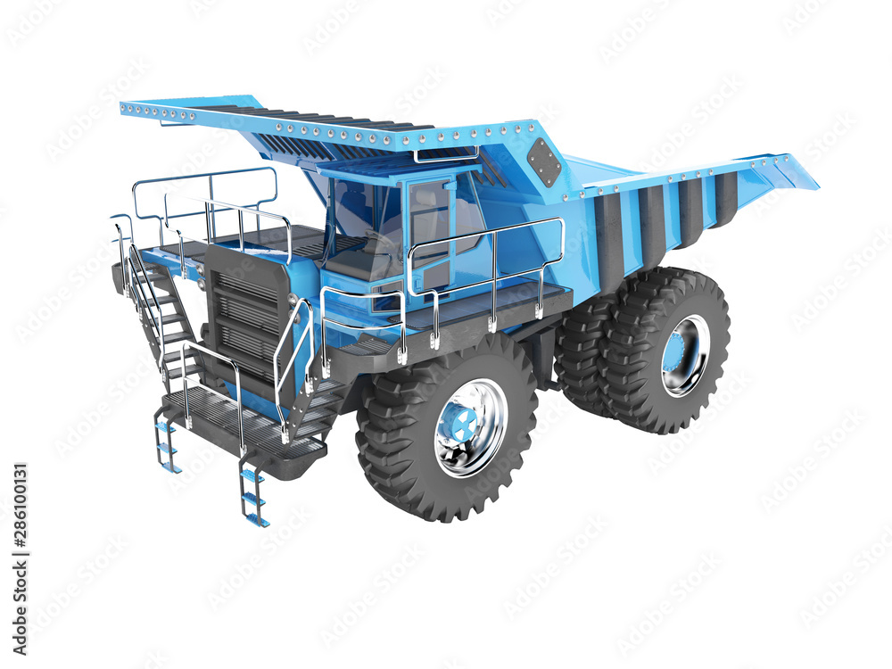 Modern blue mining truck with black accents perspective view rear render on white background no shadow