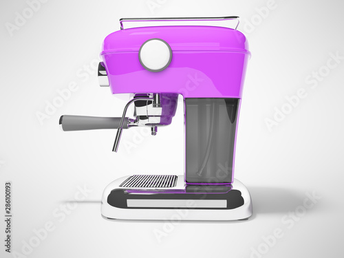 Modern purple horn coffee machine left view with water tank 3D render on gray background with shadow