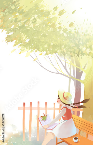 Benches, parks, trees, deciduous leaves, expectations, 24 solar terms, solar terms, illustrations, girls, literature and art, small and fresh, maple leaves, autumn, autumn, autumn equinox, autumn wind