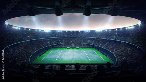 Illuminated blue tennis court stadium with fans at evening upper side view, professional tennis sport 3D illustration background