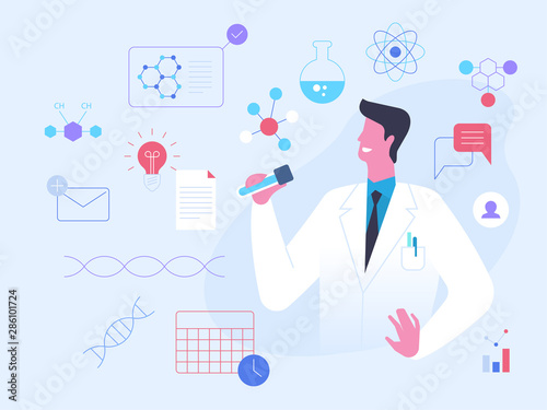 Scientist holding beaker flat vector illustration