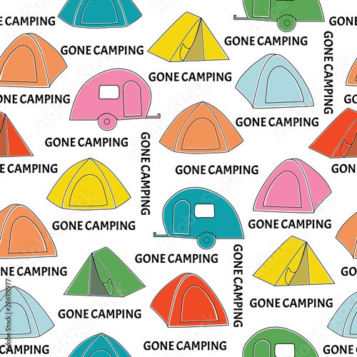 Vector Camping Tents and Trailors in Yellow Pink Green Red Blue Seamless Repeat Pattern photo