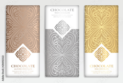 Golden vintage set of chocolate bar packaging design. Vector luxury template with ornament elements. Can be used for background and wallpaper. Great for food and drink package types.