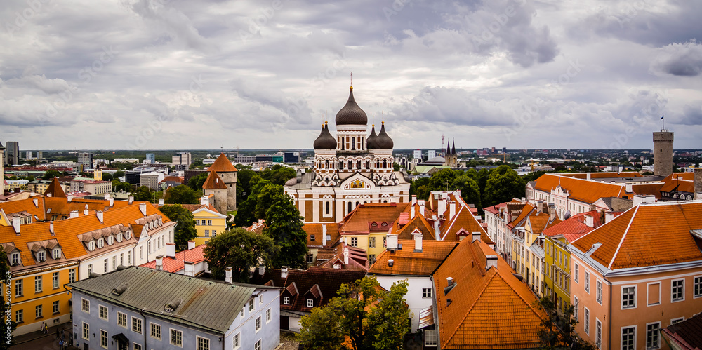 Beautiful panoramic skyline of Tallinn old town featuring Alexander Nevsky Cathedral