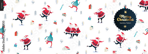 Skating Santa Clauses and Deers -Merry Christmas and New Year seamless pattern - modern flat vector concept illustration of cheerful Santa Clauses and deers wearing sweater, skating on the ice rink