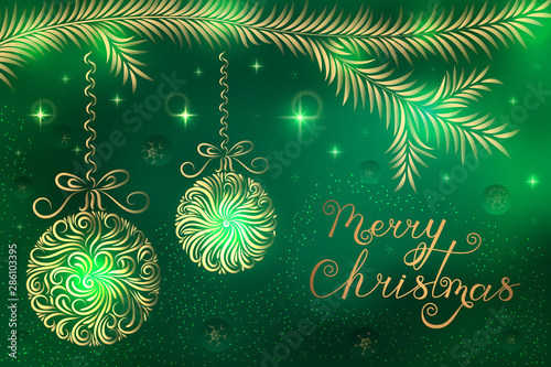 Christmas balls on branches made from ornament elements and the inscription Merry Christmas.