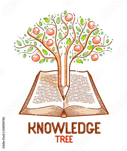 Tree with apples combined with pencil over open vintage book education or science knowledge concept, educational or scientific literature library vector logo or emblem.