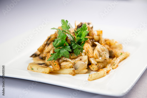 potatoes with mushrooms on white background