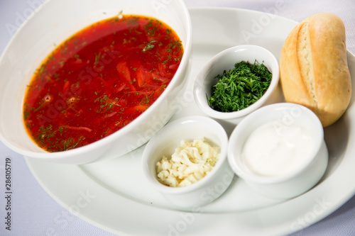 borscht with sour cream. Russian cuisine