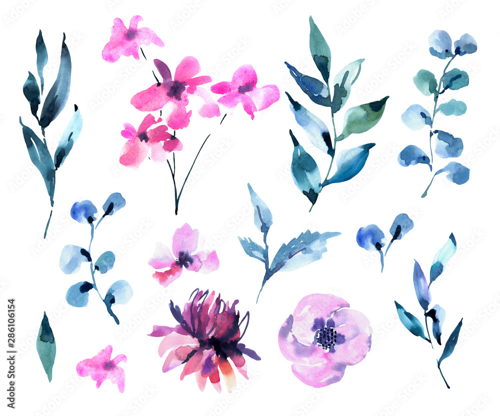 Set of Watercolor Vintage Magenta Flowers, Wildflowers. Natural Pink Floral Objects isolated on White Background