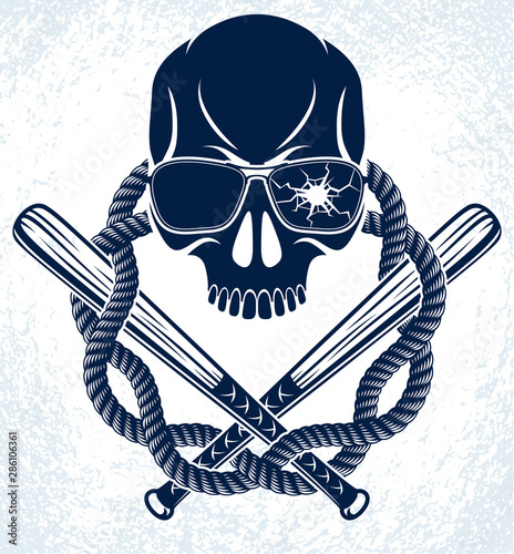 Brutal gangster emblem or logo with aggressive skull baseball bats design elements, vector anarchy crime or terrorism retro style, ghetto revolutionary.