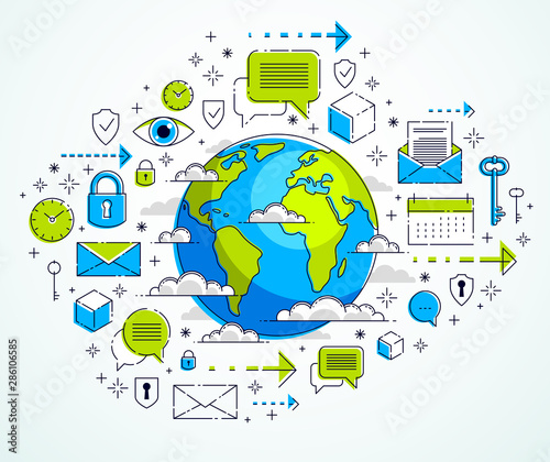 Global communication concept, planet earth with different icons set, internet activity, big data, global network connection, vector, elements can be used separately.