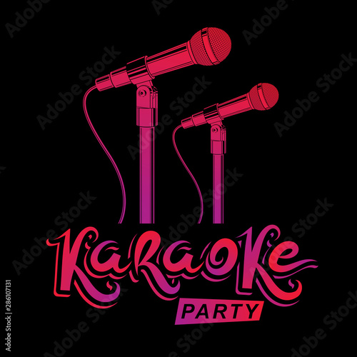 Karaoke party promotion poster design. Rap battle concept, two stage microphones vector illustration.