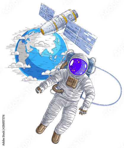 Astronaut went out into open space connected to space station and earth planet in background, spaceman floating in weightlessness and iss spacecraft with solar panels behind him. Vector.