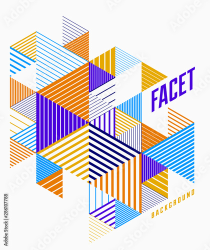 Linear striped abstract vector dimensional 3D background with isolated retro style graphic element with cubes and triangles. Template for poster or banner, cover or ad.