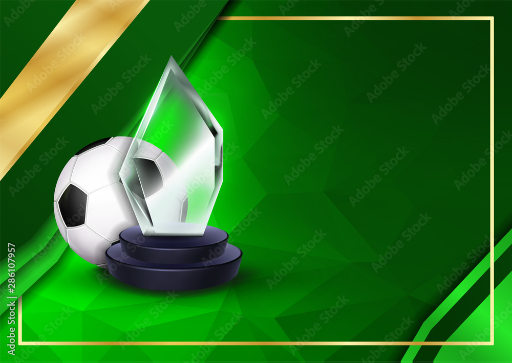 Soccer Certificate Diploma With Glass Trophy Vector. Football. Sport