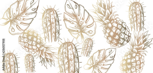 Tropic vintage pattern with pineapple and leaves Vector. Retro shiny design t...