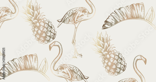 Tropic vintage card with flamingo and pineapple Vector. Retro extotic paradis...