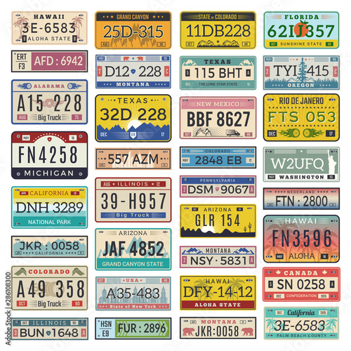 Car plates. Set of american vehicles automobile number license vector illustrations. Registration auto number, transportation information