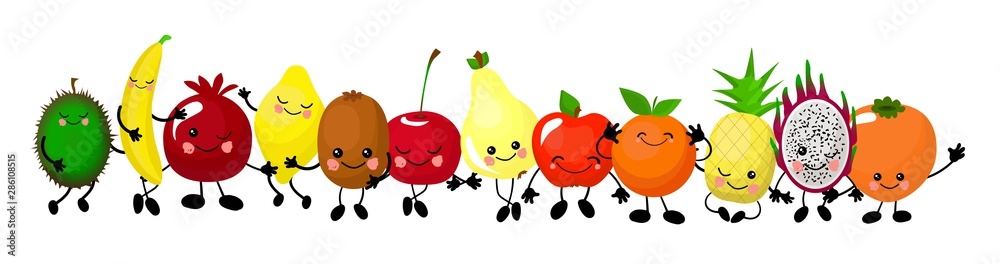 Obraz premium A set of cute fruit. Illustration with funny characters. Love and hearts. Funny food. time fresh. Orange, apple, watermelon, kiwi, carrot, pear, pineapple..