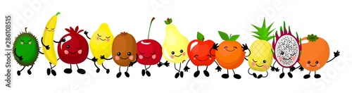 A set of cute fruit. Illustration with funny characters. Love and hearts. Funny food. time fresh. Orange, apple, watermelon, kiwi, carrot, pear, pineapple..