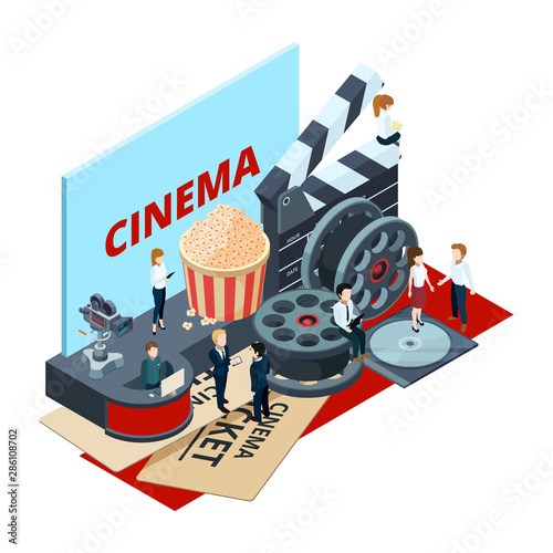 Cinema, isometric film production and postproduction vector concept. Illustration of movie cinema, film entertainment production