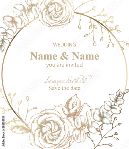 Rose flower round card Vector line art. Vintage retro style wedding invitatio...