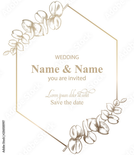 Leaves decor card Vector line art. Vintage retro style wedding invitation or ...