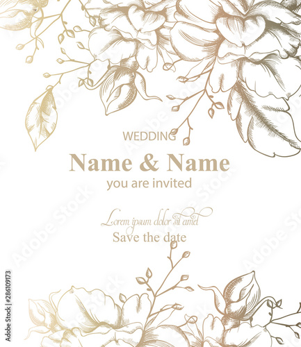 Leaves decor card Vector line art. Vintage retro style wedding invitation or ...