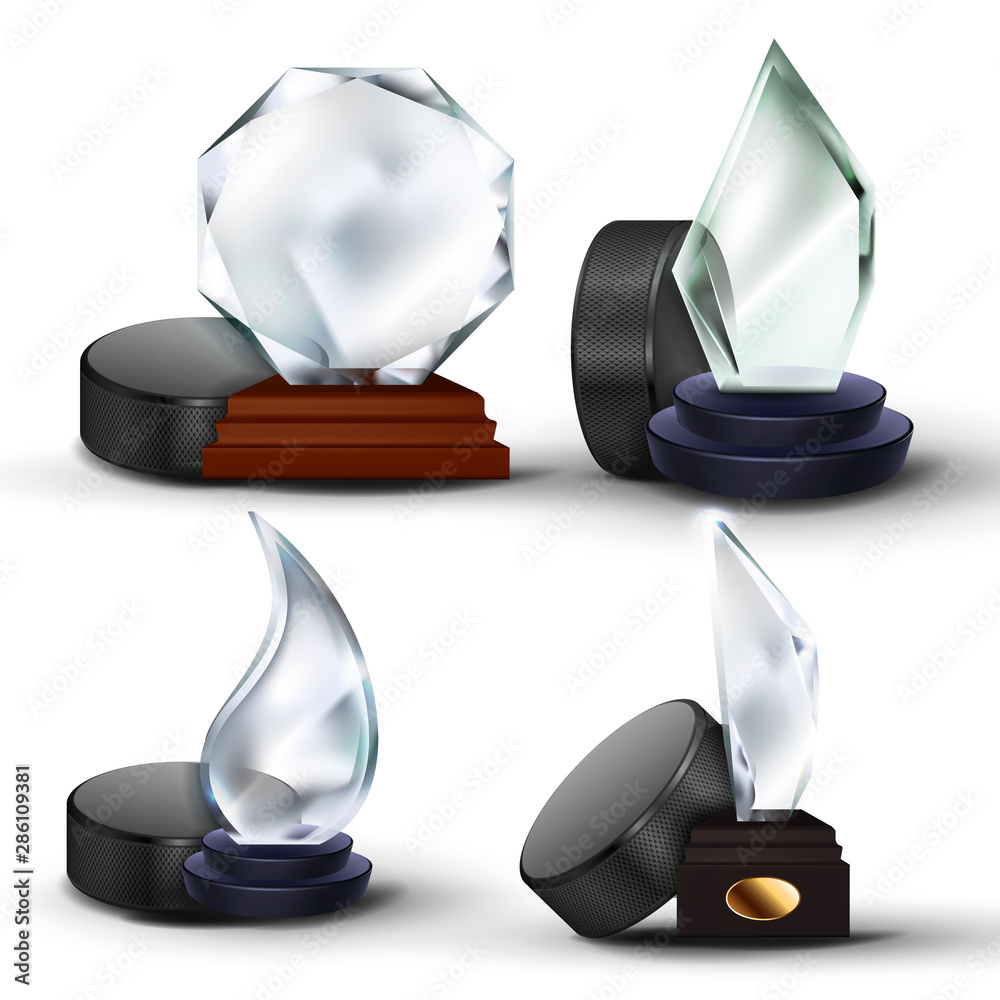 Trophy Reference Ice Hockey Game Award Set Vector. Puck, Glass Trophy. Modern Tournament ...
