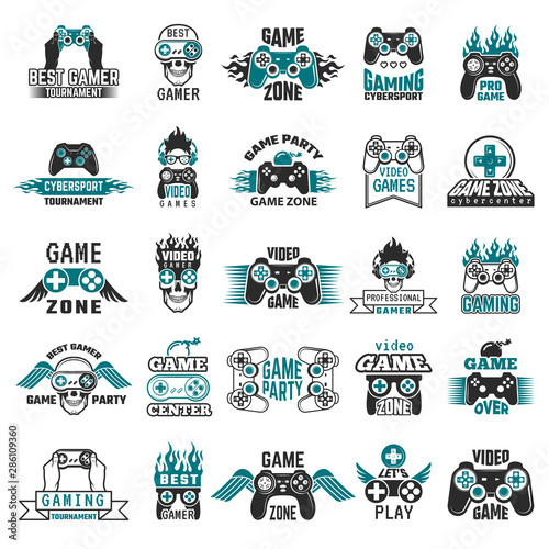 Video game labels. Gaming console cybersport logo joystick controller symbols of entertainment club vector collection. Illustration badge videogame zone and party, label vintage console gamepad