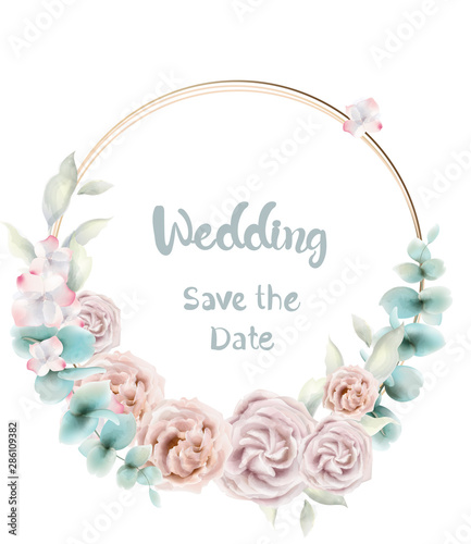 Rose flower round card Vector watercolor. Vintage retro style wedding invitat...