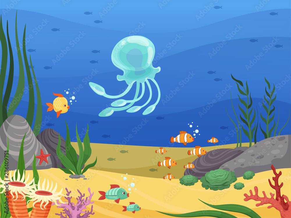 Underwater Sea Life Background With Fishes And Water Plants Algae Vector Cartoon Landscape Sea Life Marine Tropical Ocean Fish Underwater Illustration Stock Vector Adobe Stock