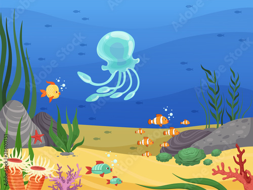 Underwater. Sea life background with fishes and water plants algae vector cartoon landscape. Sea life marine, tropical ocean fish underwater illustration