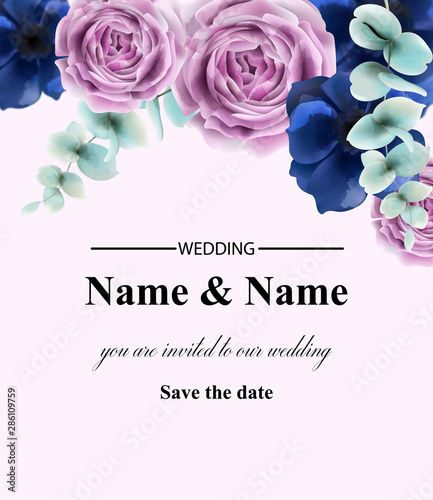 Rose flowers card Vector watercolor. Vintage retro style wedding invitation o...