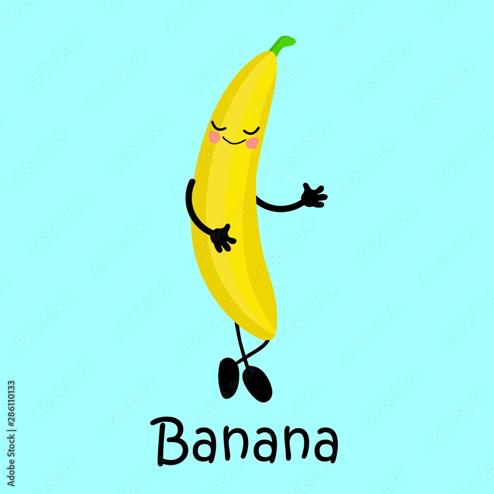 tropical fruit banana. Character with a face and a smile. Card for teaching children. Healthy and wholesome food. tropical fruit banana. Character with a face and a smile. Card for teaching children. Healthy and wholesome food.