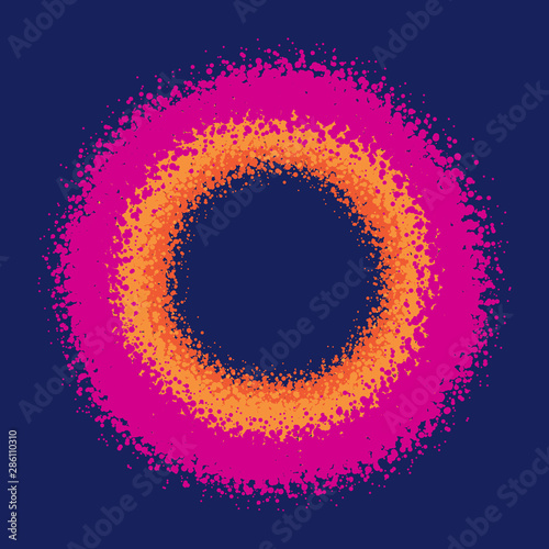 Round frame from paint splatters. Color abstract background. Purple, blue, orange, yellow.