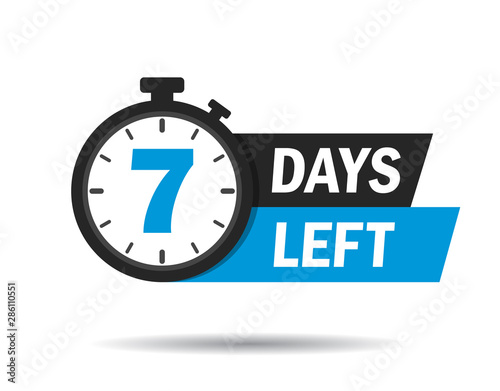 7 days left. Count timer icon. Vector emblem of 7 days left in flat style. Hour down icon with ribbon. vector illustration