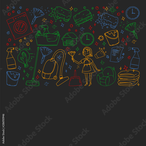 cleaning services company vector monochrome pattern on black background, drawing colorful chalk. © Cepheia