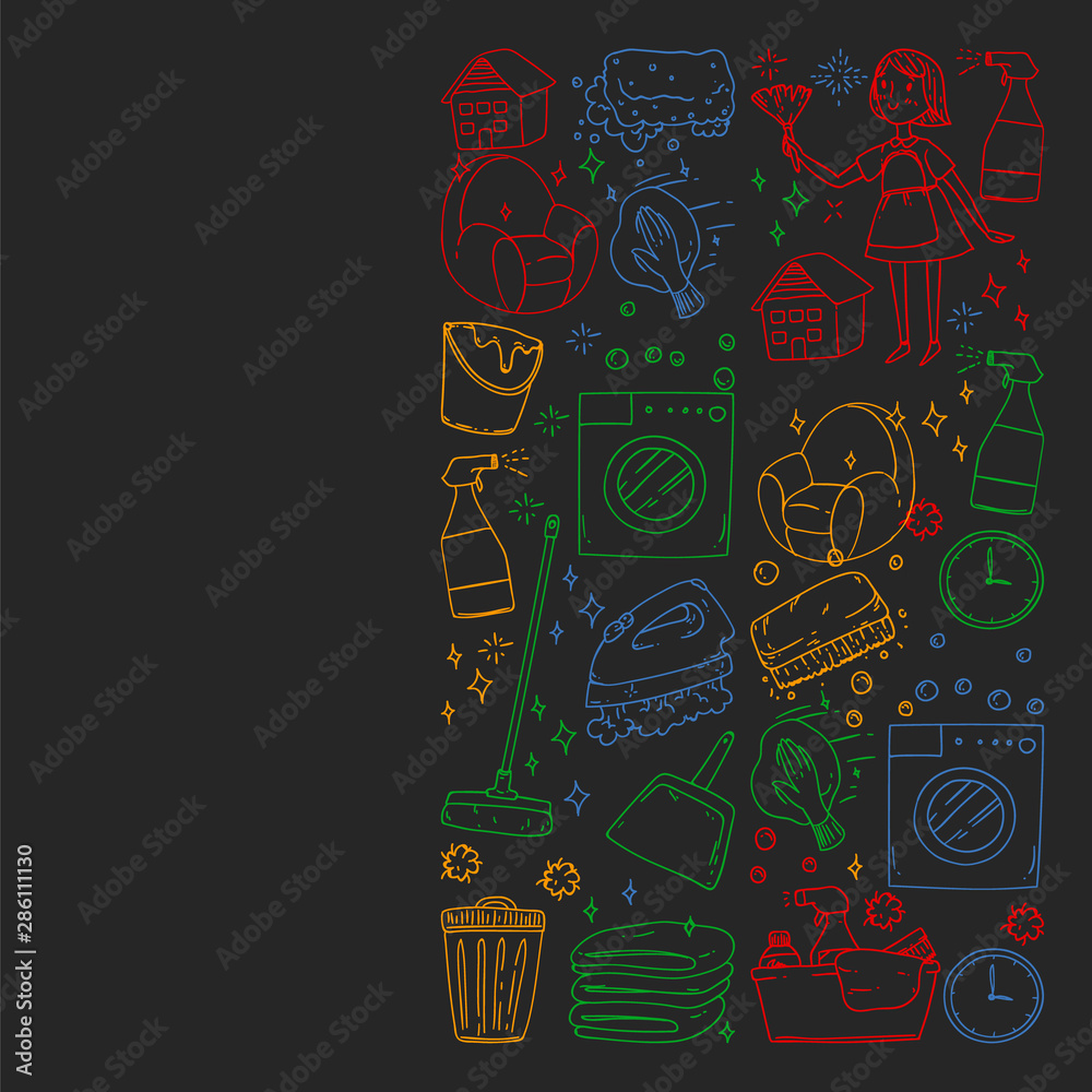 cleaning services company vector monochrome pattern on black background, drawing colorful chalk. cleaning services company vector monochrome pattern on black background, drawing colorful chalk.