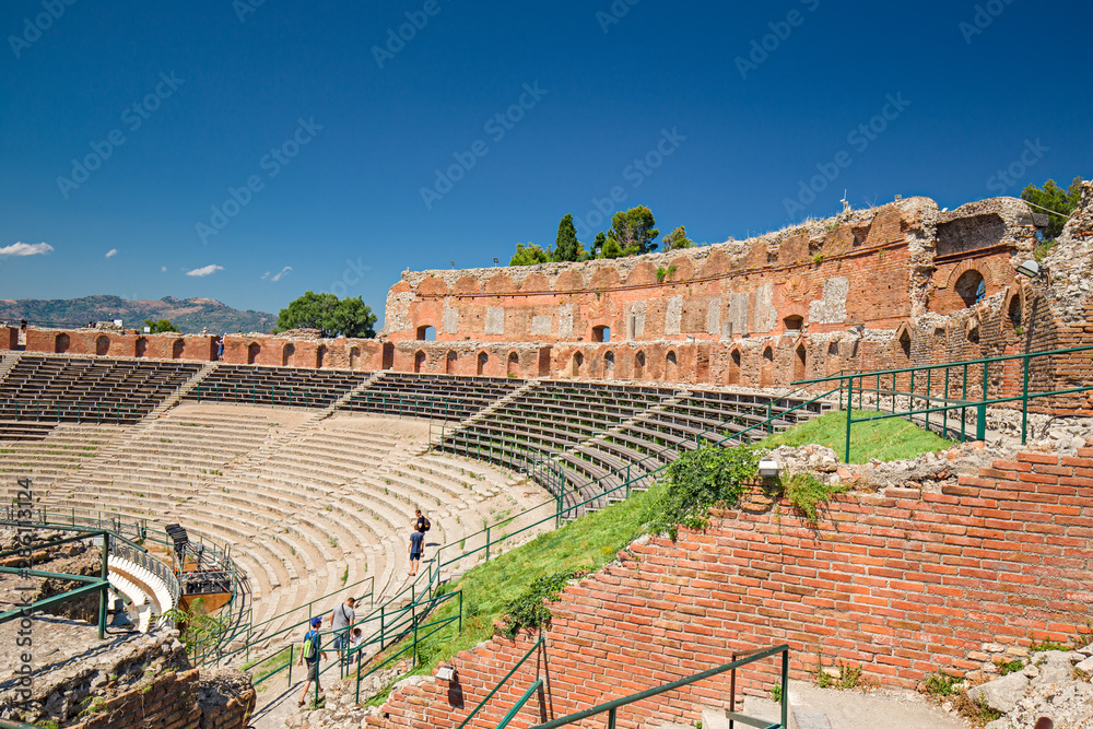 Panoramic view of the Greek theater of Taormina in Sicily, Italy.